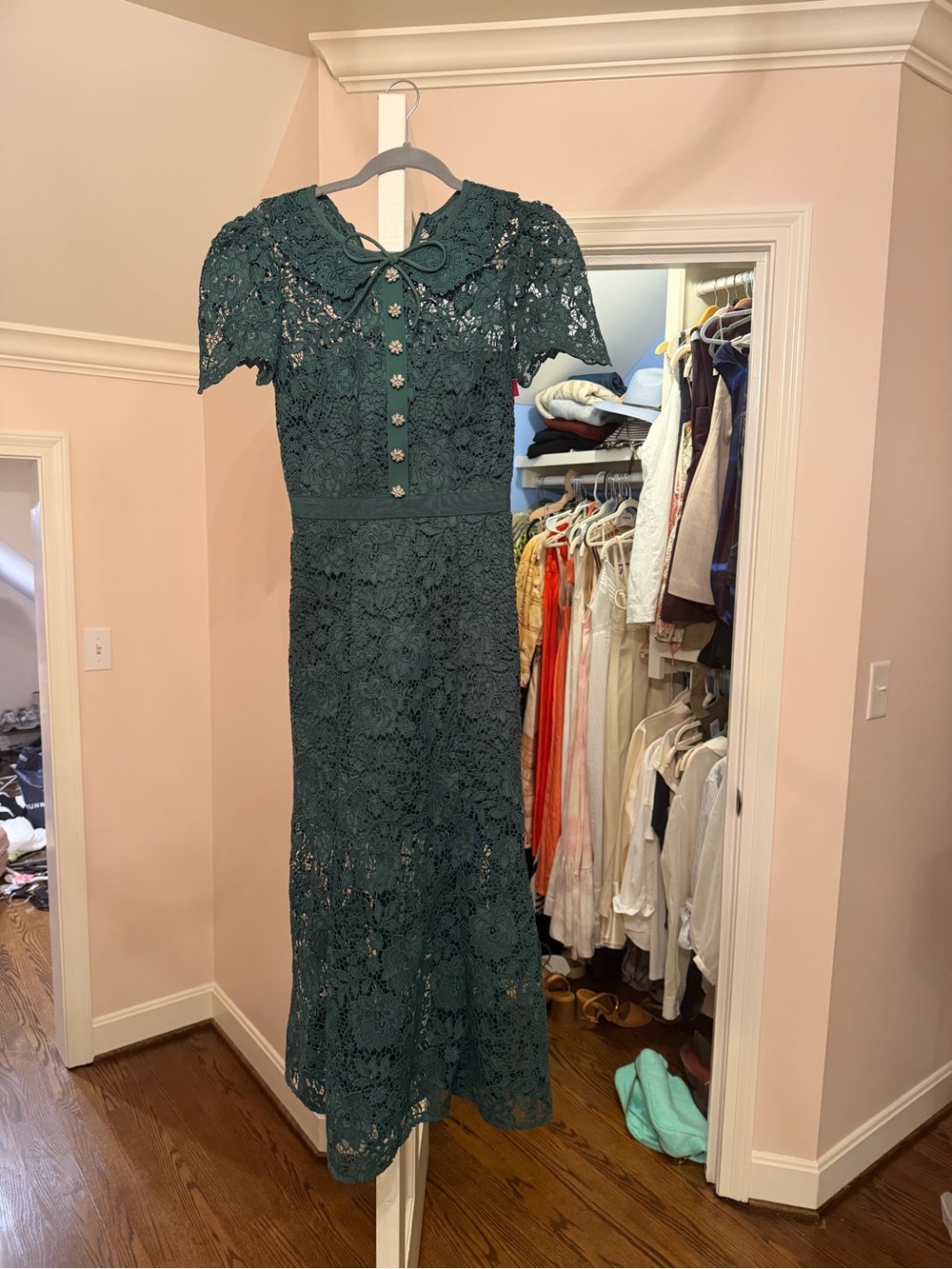 Self-Portrait Teal Lace Midi Dress with Peter Pan Collar